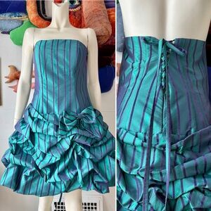 Vintage POUFY PROM DRESS Striped Iridescent Lace Up Back Steam Punk Strapless